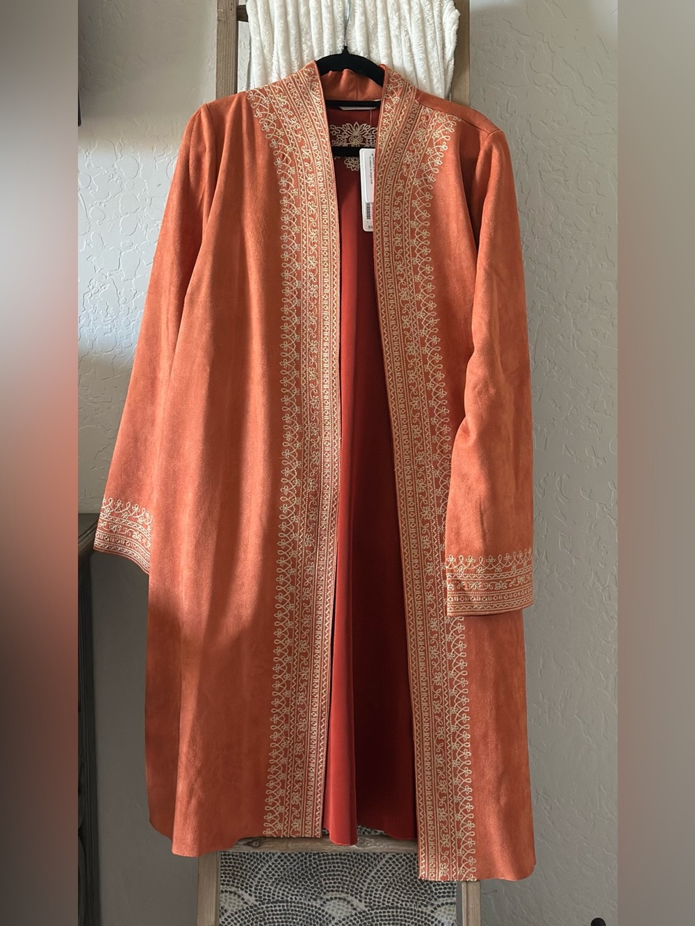 Soft Surroundings orange faux suede boho embroidered duster size L - Picture 2 of 10